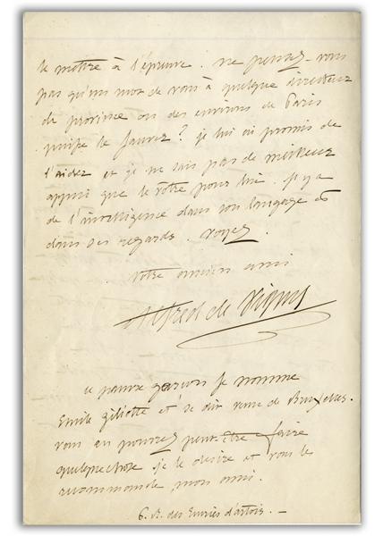Alfred de Vigny Autograph Letter Signed -- ''...There comes to me a young actor...the Prodigal Son...''